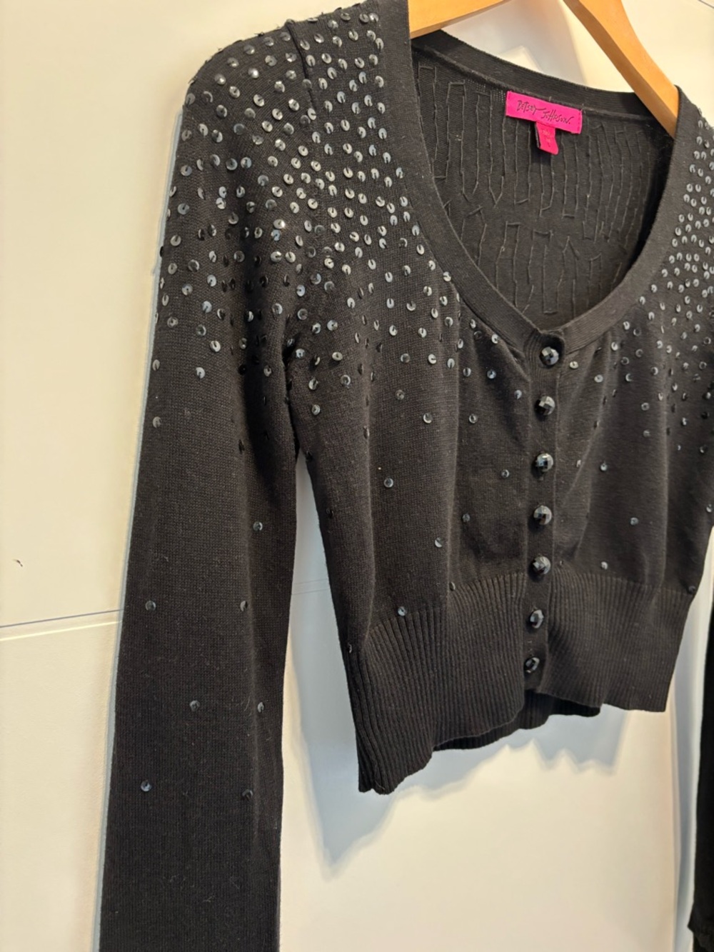 Betsey Johnson Black Sequin Embellished Cropped Cardigan